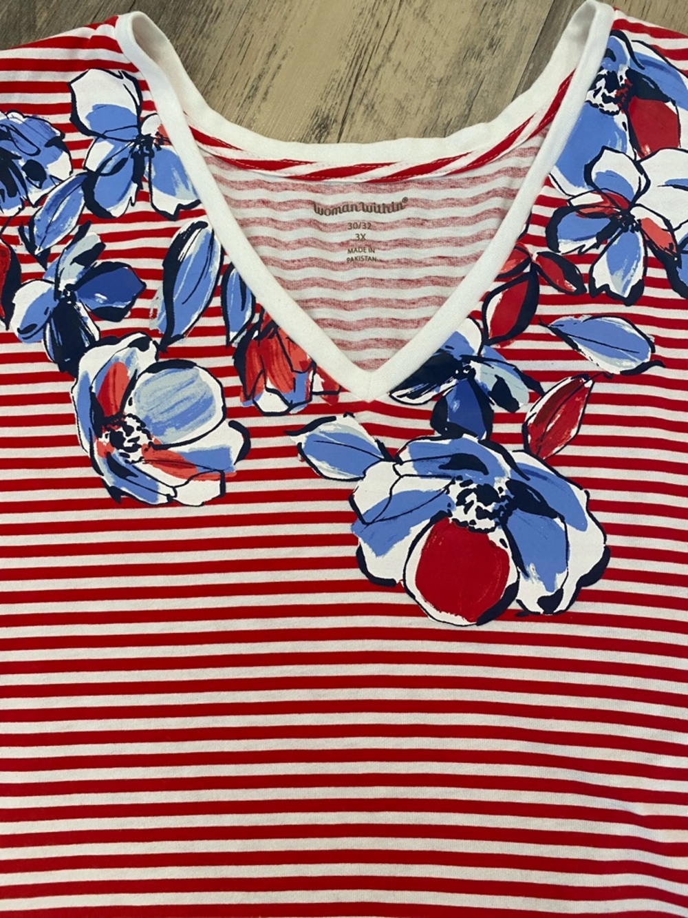 Woman Within V Neck Floral Red Striped T-Shirt 3X 30/32